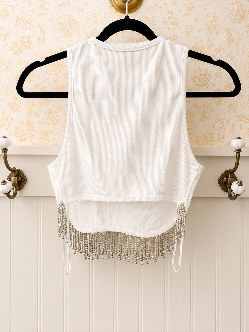 The Vintage Shop White Ribbed Crop Tank with Beaded Fringe - Picture 2 of 3